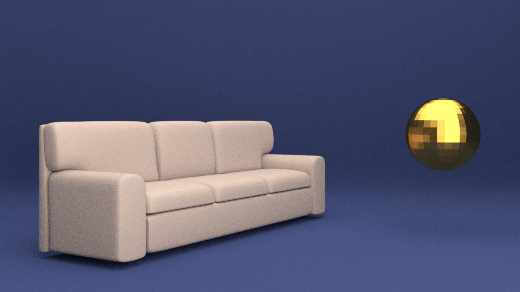 A floating couch and a gold sphere, made in Blender3D